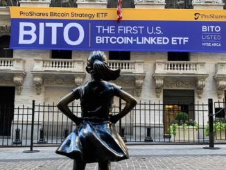 New York Stock Exchange with banner flagging ProShares Bitcoin Strategy ETF on the day it started trading.